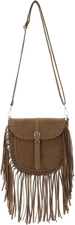 EVEOUT Damen Fransen Hobo Tasche Western Style Wildleder Umhängetasche mit Quasten Boho Schultertasche Hippie Crossbody Bag