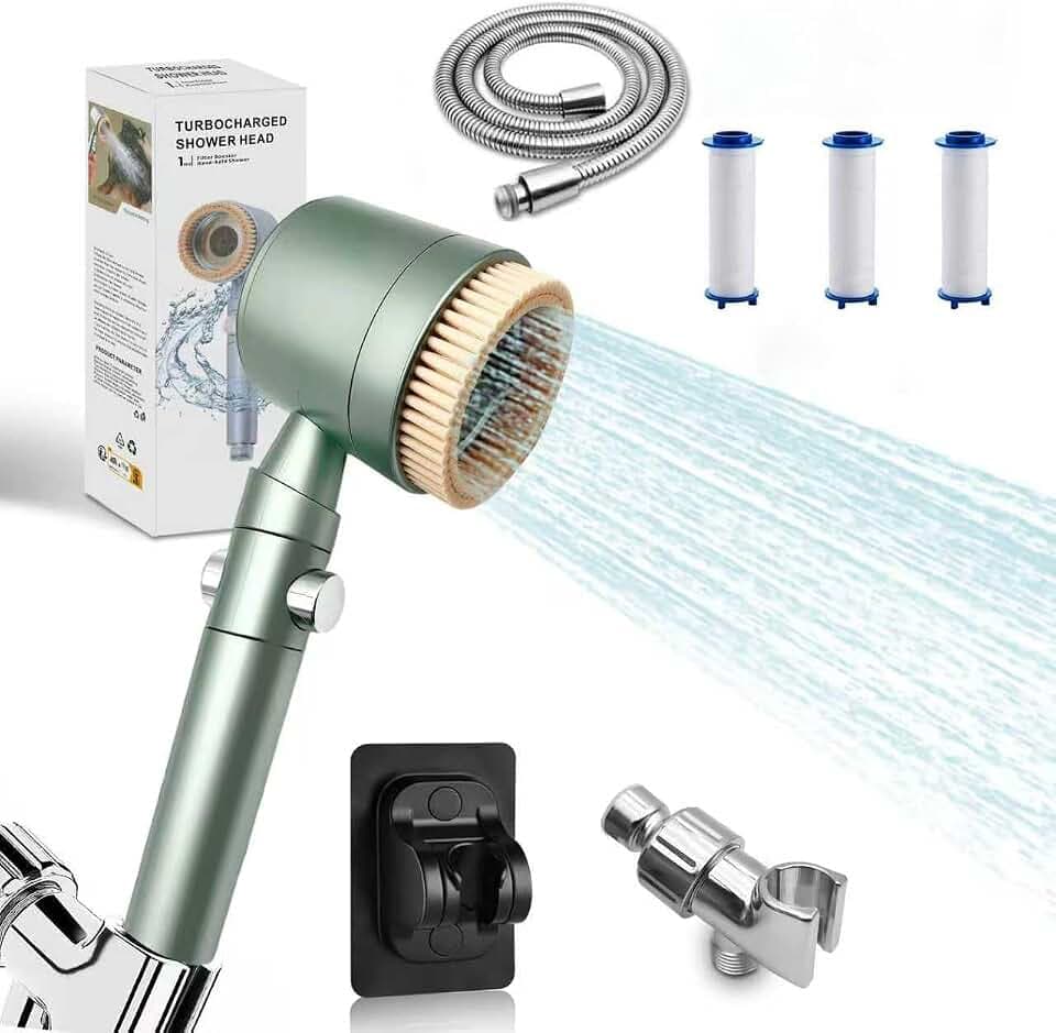 2026Version Turbocharged High Pressure Filtered Shower Head with Handheld & Outlet Soft Brush - 6 Spray Modes, 5-Stage Filtration System, 59" Hose - Chlorine & Hard Water Filter (3 filter cartridges)