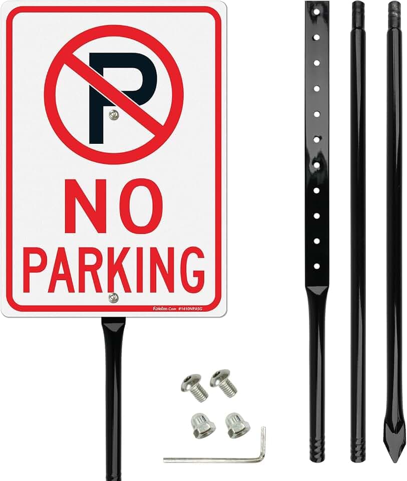 Faittoo Large No Parking Sign with 54" Metal Thick Stake, 14"x10" Rust Free Heavy Aluminum, Reflective, Fade Resistant, Easy to Mount, Outdoor Use