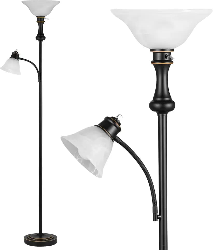 Torchiere Floor Lamp with Adjustable Angle Reading Lamp-Black 71IN