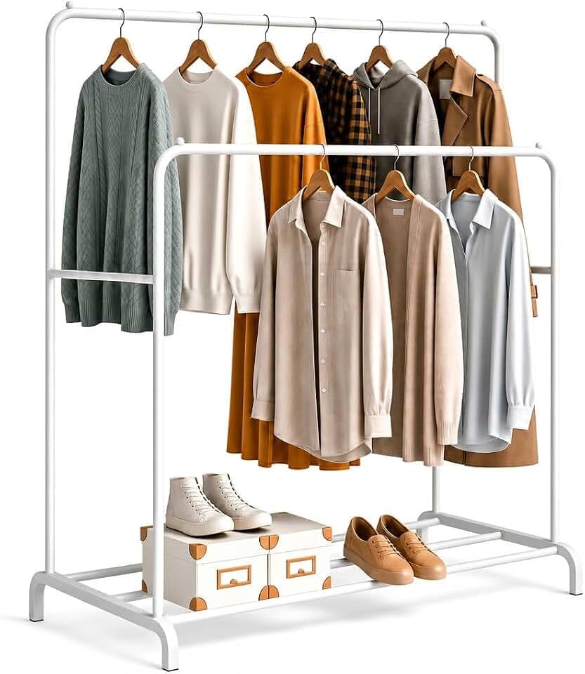 edihome, Kleiderständer, Kleiderstange, Doppelt, 110 x 150 x 54 cm, Schuhregal, Metallisch, Stabil, Clothes Rack, Klamotten Ständer, Clothes Organizer (Weiß)
