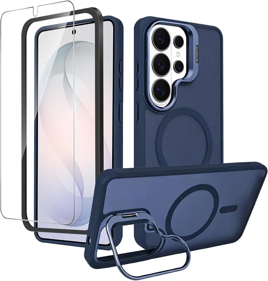 for Samsung Galaxy S26 Ultra Case with Camera Lens Stand & Magnetic Ring, [HD Screen Protector][Anti-Yellowing] Slim Transparent Shockproof Phone Cover for Galaxy S26 Ultra 5G - Blue