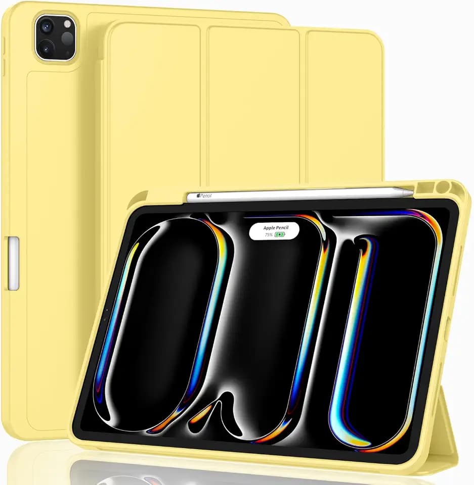 ZryXal iPad Pro 11 Inch Case (M5) 2025/ (M4) 2024 (Model: A2836/A2837/A3006), Trifold Stand Smart Cover with Pencil Holder and Soft TPU Back, Auto Wake/Sleep (Yellow)