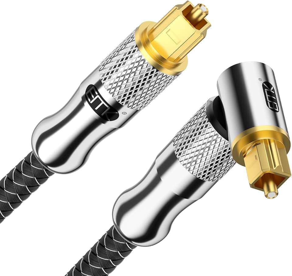 EMK Premium 24K Gold-Plated Right Angle Optical Cable – 90° Toslink to Toslink (2.4M/8Ft), 360° Rotatable for Soundbars, TVs & Home Theater