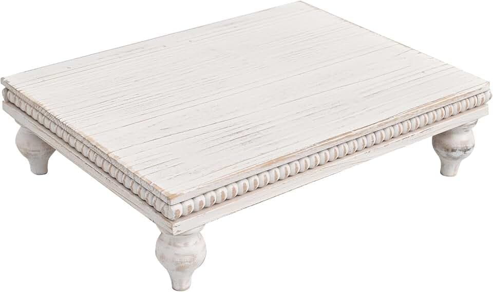 SwallowLiving Farmhouse Wood Riser for Display Decorative, Rustic Shabby Chic Tray for Kitchen Counter, Coffee Bar Table, Dining Room, Wooden Rectangle Beaded Pedestal Stand for Food, White