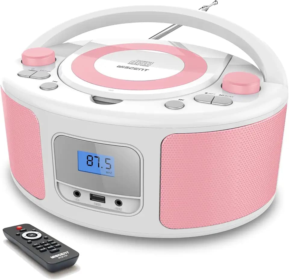 Portable CD Player Boombox with FM Radio, Bluetooth, Clear Stereo Sound, Remote Control, USB Input, AUX & Headphone Jack, CD-R/CD-RW/MP3-CD Compatible, AC/Battery Powered