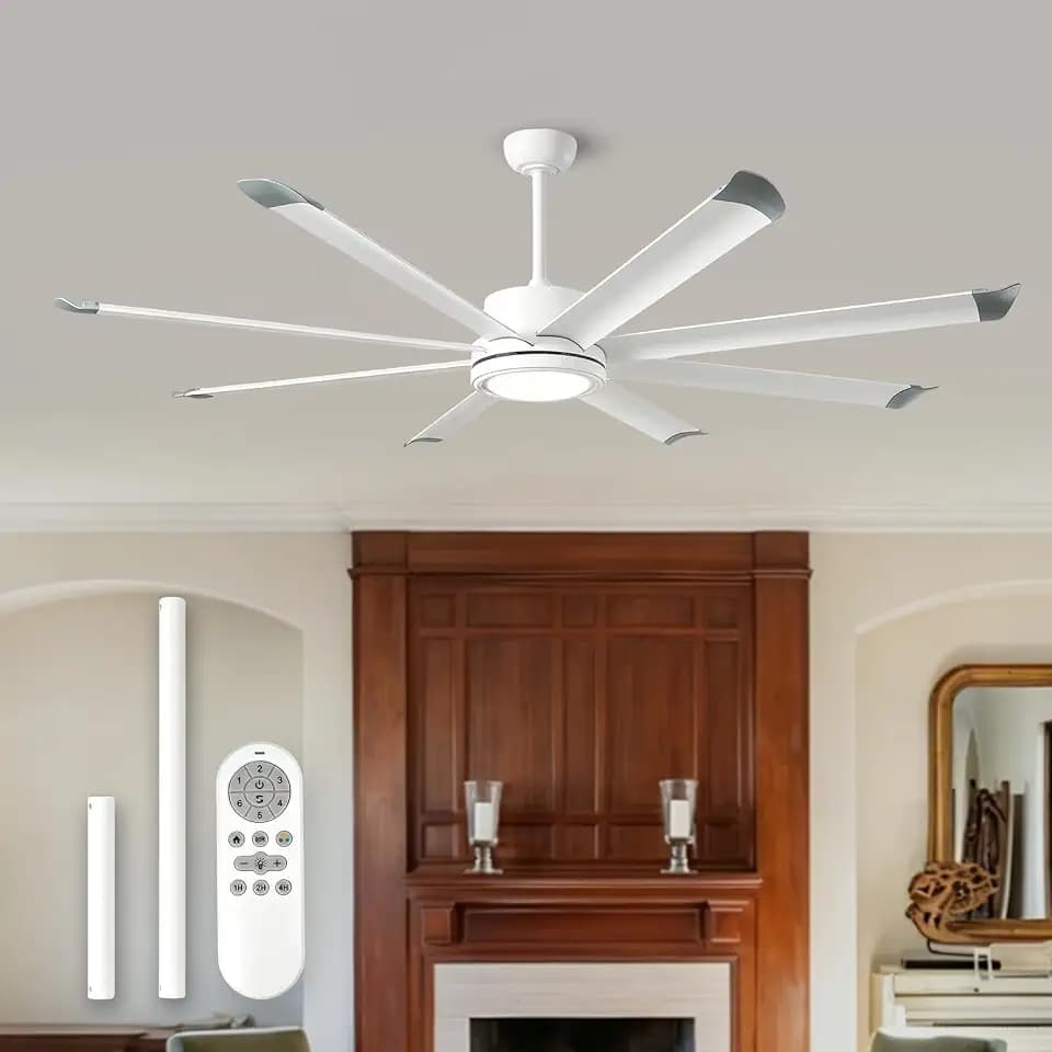 72Inch Outdoor Ceiling Fan with Light and 6Speed Remote Control 8-Blade White Aluminum Metal Outdoor 9799CFM High Airflow Quiet Reversible DC Motor, Large Ceiling Fan for Patio Garage Farmhouse