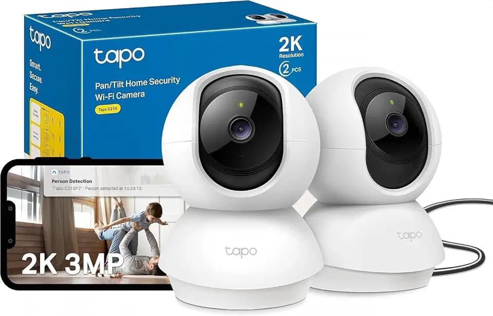 Tapo TP-Link C210P2 WLAN IP Kamera Überwachungskamera (Linsenschwenkung und Neigung, 3MP-Auflösung, 2-Wege-Audio, Nachtsicht zu 9m, bis zu 256 GB lokaler Speicher) Weiß/Schwarz, 2Stück