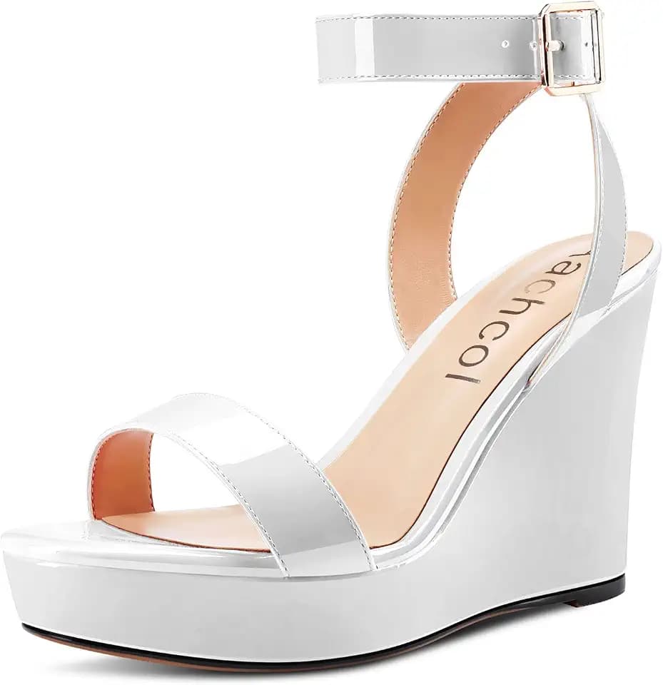 Aachcol Women Platform Wedge Sandals Round Peep Open Toe Ankle Strap Slingback Two-Piece Chunky Block High Heel Dress Shoes Pumps Party Patent 4 Inch
