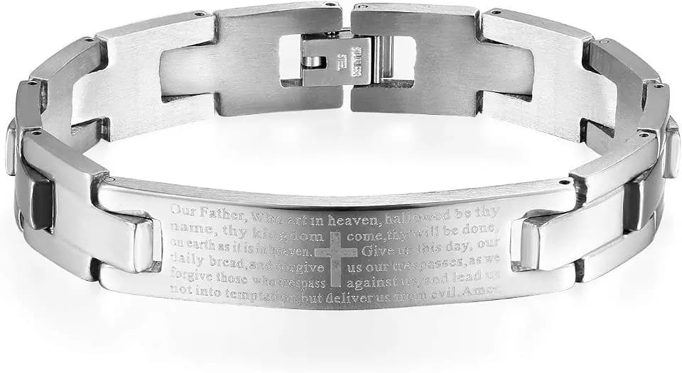 Flongo Herren Armband Männer Armreif Herrenkette, Edelstahl Armband Link Handgelenk Silber Schwarz Kruzifix Kreuz Englisch Bibel Herr Gebet Herren Accessoires