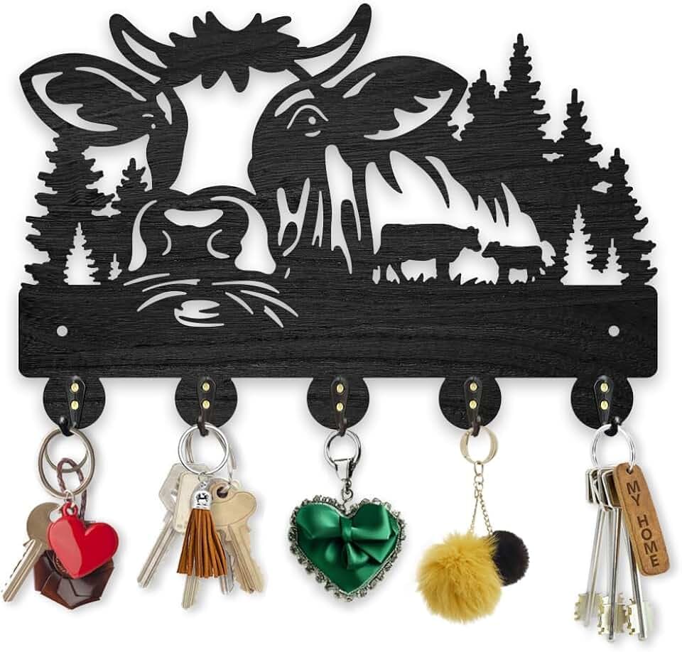 MAYJOYDIY Garderobenhaken Kuh Wald Motiv Wandhalterung Kalb Natur Baum Holz Schlüsselhalter Für Die Wand 30x20cm Wandhaken Zum Aufhängen Mit 5 Haken Aus Legierung Für Eingangsbereich Geschenk
