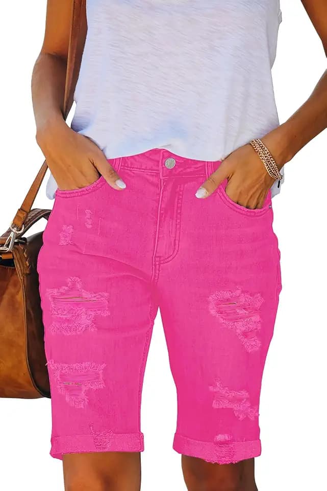 Necooer Damen Sommer Casual Denim Shorts Doppelknopf Zerrissene Jeans Aufgerollt Stretchy Hot Short(S,09-Blau)