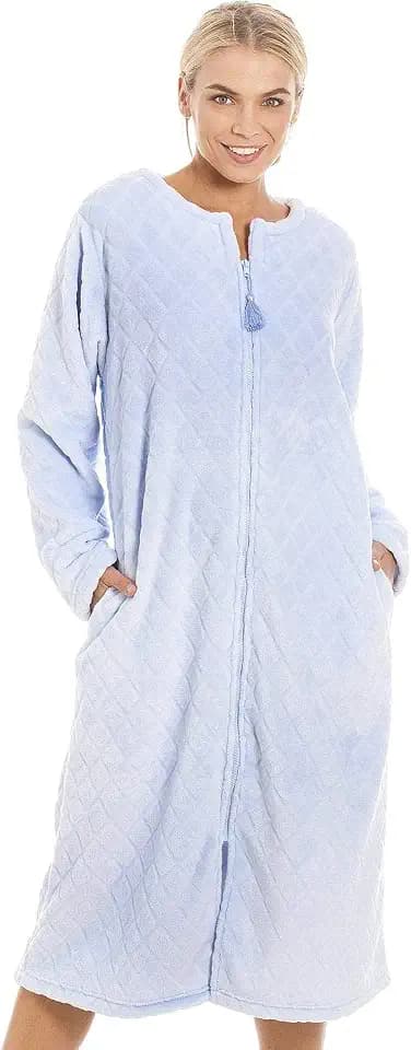 Camille Women's Super Soft Fleece Housecoat - Diamond Print Zip Up Bathrobe - Long Sleeved and Side Pockets for Ultimate Comfort & Warmth
