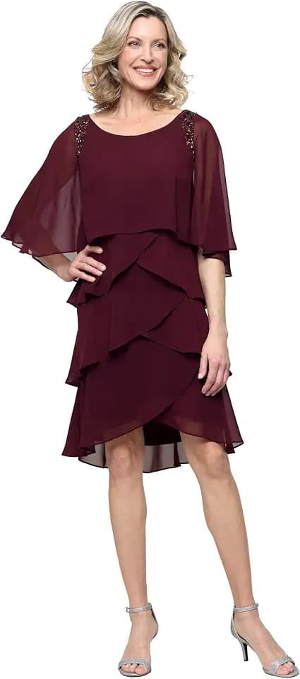 S.L. Fashions Women's Tiered Chiffon Cocktail Party Dress with Attached Cape & Beaded Shoulders (Petite and Regular Sizes)