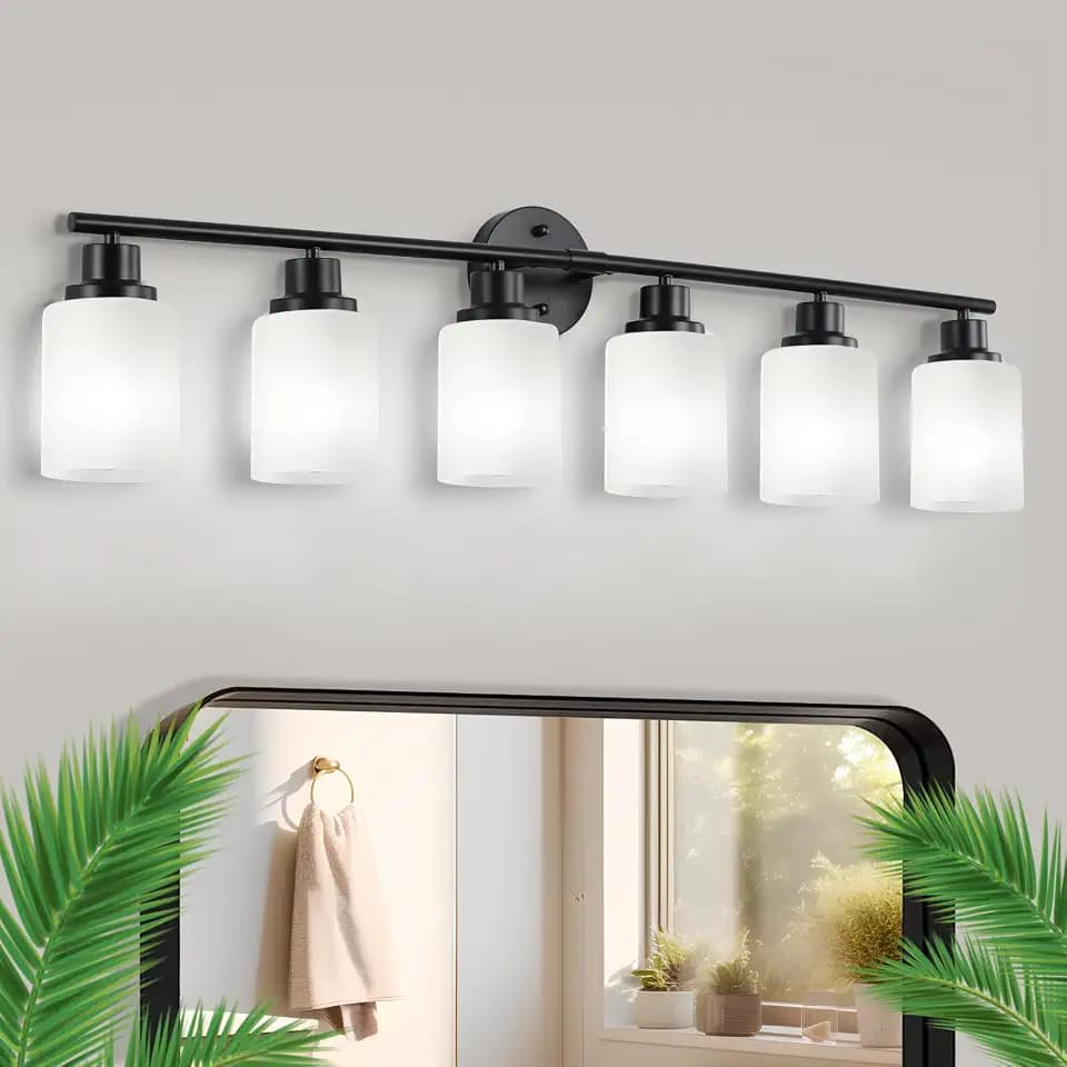 6 Light Black Bathroom Light Fixtures, Bathroom Vanity Light Modern Bathroom Wall Light Fixture Matte Black Bathroom Light Fixture Frosted Glass for Mirror Hallway Bedroom Cabinet, E26 Base