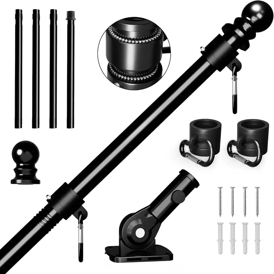 ZHULI 5 FT Flag Pole Kit, Flag Pole for Outside House with 360° Rotating Flag Pole Rings Clip, Stainless Steel Flagpole with Multi-Position Flag Pole Holder, for Outdoor Porch Residential (Black)