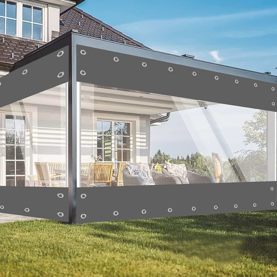 jianyana Outdoor Vorhang Mit 30Mm öSen, 650G/M² Plane Transparente Vorhang Wasserdichter Plane Trennvorhang für Draussen Garage FüR Outdoor-MöBel, Veranda, Pergola（Grau 2.1 * 2.4m）