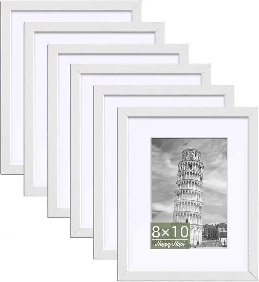 HappyHapi 8x10 Picture Frame Set of 6, Wall or Tabletop Display, White