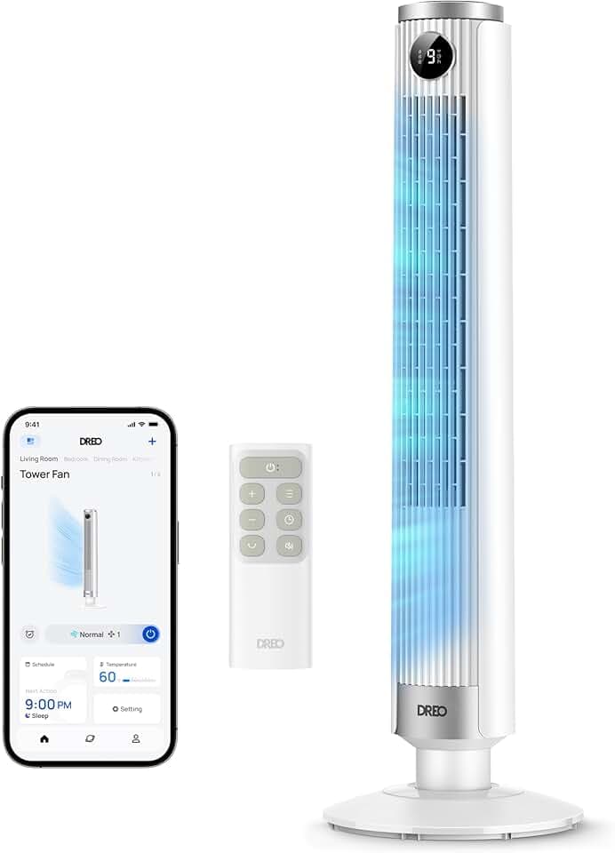 DREO Smart Tower Fan for Bedroom, 40”-45” Adjustable Height, 9 Speeds