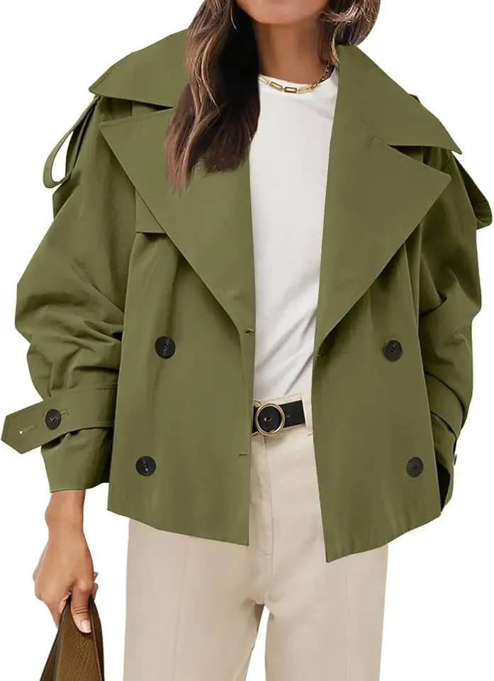 Tankaneo Womens Cropped Trench Double Breasted Short Jacket with Belt