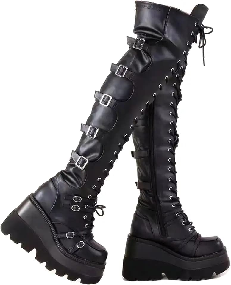 Gothniero Black Platform Boots Over Knee Thigh High Goth Boots for Women Chunky Heel Rave Motorcycle Boots with Buckles Side Zip Lace Boots Size5.5-10