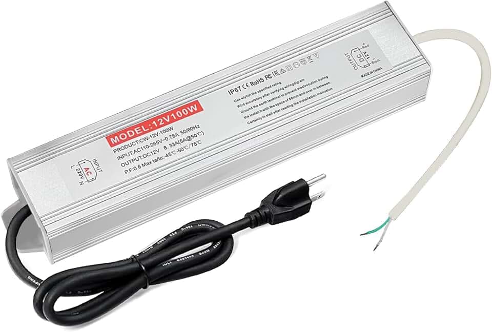 LED Driver 100 Watts 12V DC with Plug, Low Voltage Transformer Waterproof IP67 Power Supply Transformer Adapter AC 85V-265V to 12V DC, LED Power Supply for Indoor Outdoor Lighting