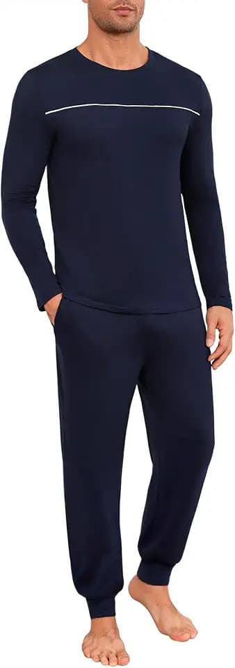 Marvmys Herren Schlafanzug Lang Winter Baumwolle Pyjama Set Rundhals Taschen Verstellbarer Bund Bequeme Nachtwäsche