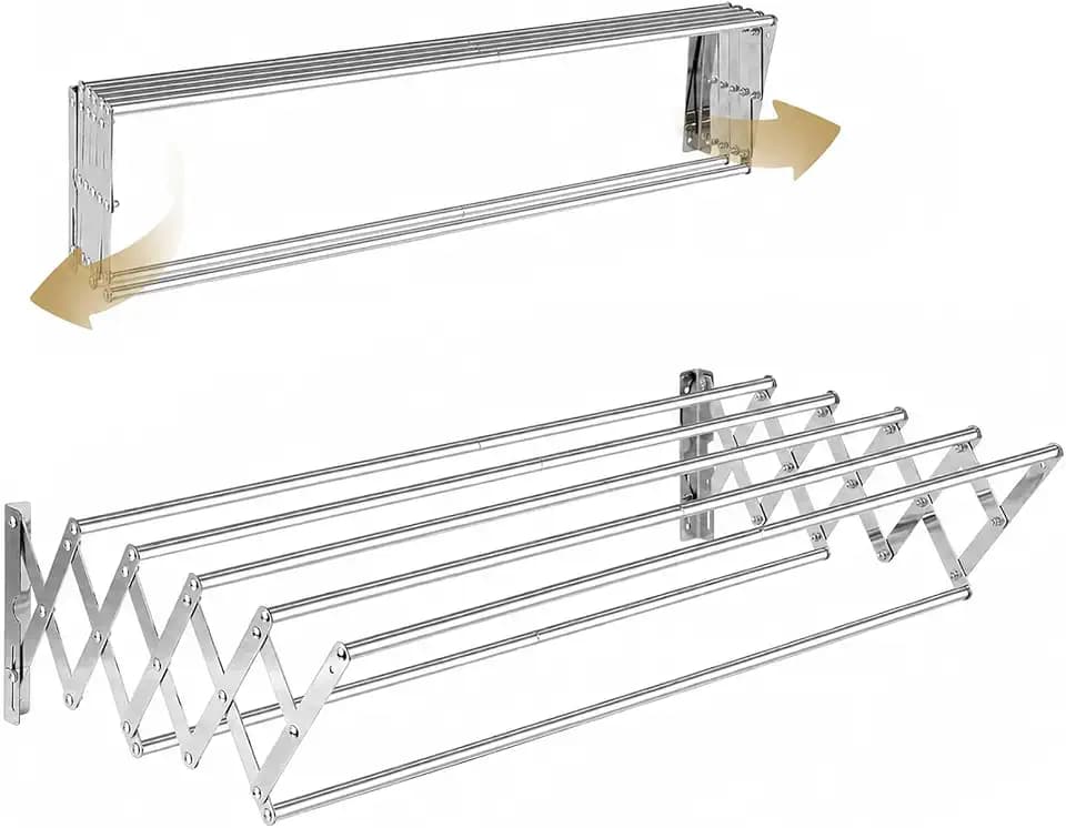 Wall Mounted Drying Rack, Wall Mount Clothes Drying Rack Retractable, Space Saving Accordion Laundry Rack with 7 Staggered Rods, Wall Drying Rack for Bathroom Laundry Room Balcony