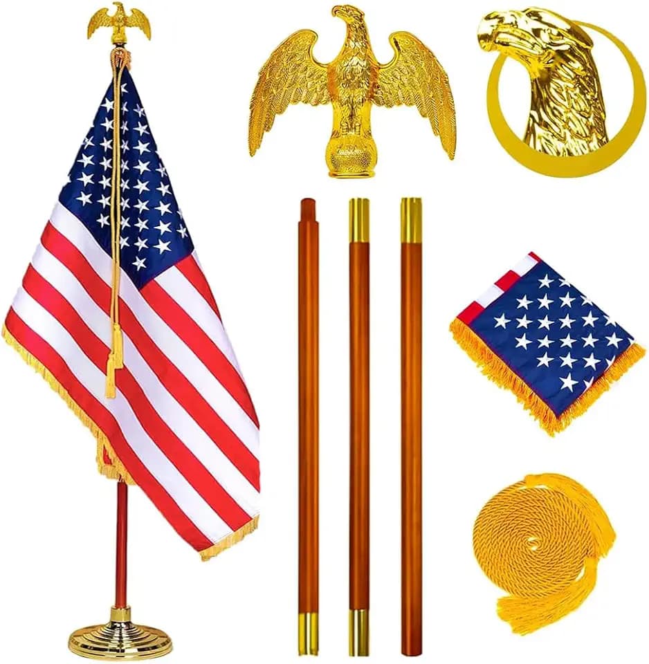 Jayus Dignified Presidential Indoor Flagpole - 8 FT Solid Oak Wooden Embroidered US Flag Pole Kit with Gold Eagle Fringed Topper Cord Tassel Base Stand for Lobby Office School City Hall Meeting Auditorium（8.8 FT Total）