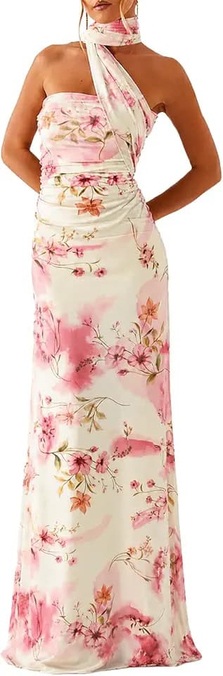 Women Summer Floral Formal Wedding Guest Dress Strapless Tube Dress with Scarf Summer Cocktail Long Maxi Dresses