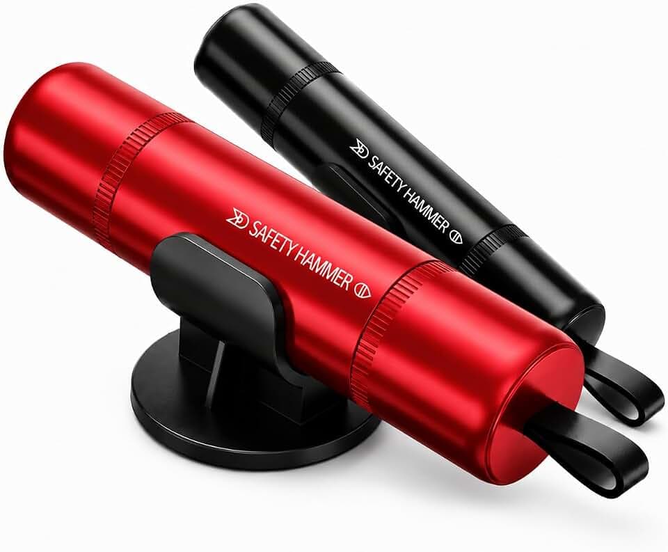 2 in 1 Gurtschneider Notfallhammer, 2 Stücke Sicherheitshammer mit Gurtschneider,Nothammer mit Testglas zum Üben, Notfallhammer Auto mit Gurt schneider für Auto und Busse, Schwarz und Rot