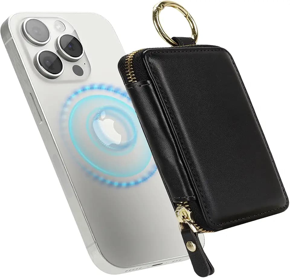 Compatible with MagSafe Wallet,Magnetic Phone Wallet Card Holder for iPhone 17/16 Pro Max/15 plus/14 Pro/13/12 Series,PU Leather Zipper Pocket Adjustable Stand-Black
