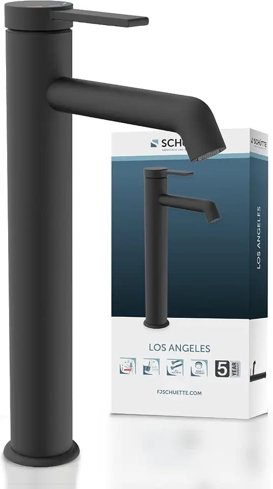 SCHÜTTE Waschtischarmatur für Aufsatzwaschbecken LOS ANGELES 33116, Wasserhahn Bad hoher Auslauf, hohe Armatur Badezimmer, Einhebelmischer Bad Auslauf Höhe 225 mm, Mischbatterie Waschbecken, Schwarz