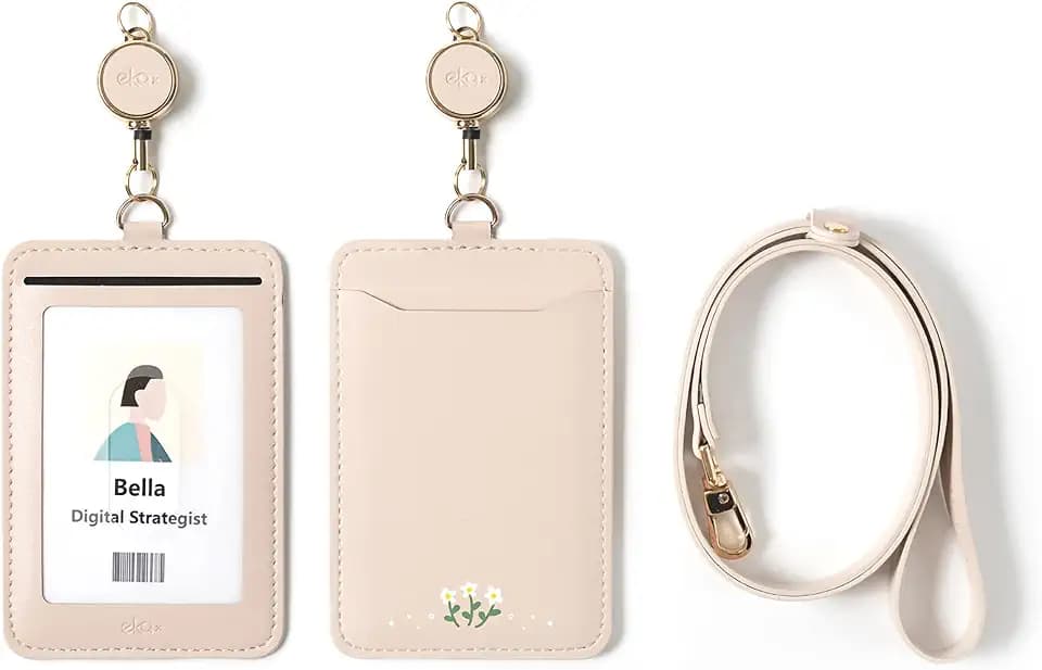EKAX ID Badge Holder with Adjustable Lanyard & Retractable Badge Reel Clip, Double-Sided Card Holder for Office, Bus Pass, Student, Nurse, Police, Teacher-Lily White Flower