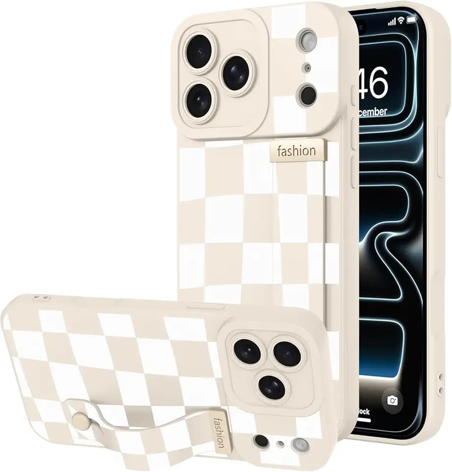 for iPhone 17 Pro Max Case with Wrist Strap, White Checkered