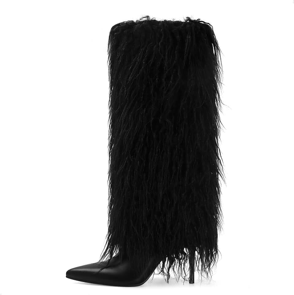 Fur Knee High Boots for Women Pointed Toe Stiletto Heel Fold Over Tall Boots Fashion Wide Calf Long Booties