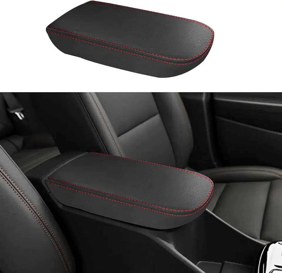 Car Center Console Armrest Cover for 2024 2025 Chevy Trax Leather Anti-Scratch Central ArmRest Box Lid Seat Cover Protector Cushion Interior Accessories-Red Stitches
