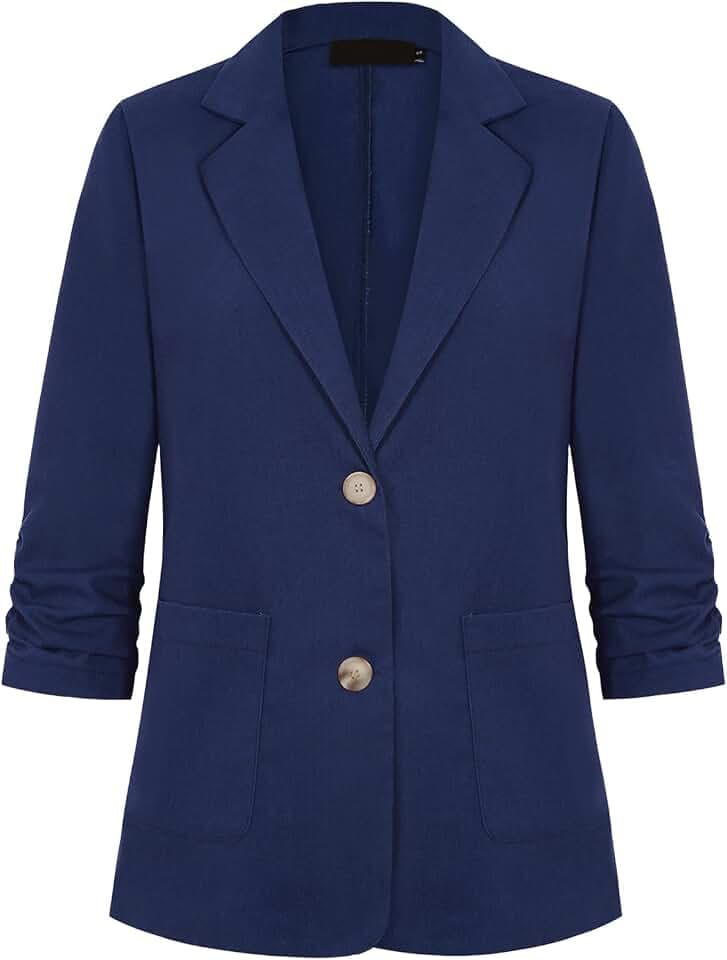Damen-Blazer mit 3/4-Ärmeln und gerüschten Ärmeln, Baumwoll-Leinen, leichte Sommer-Oberbekleidung, elegante Jacke, Anzüge mit Knöpfen und Taschen
