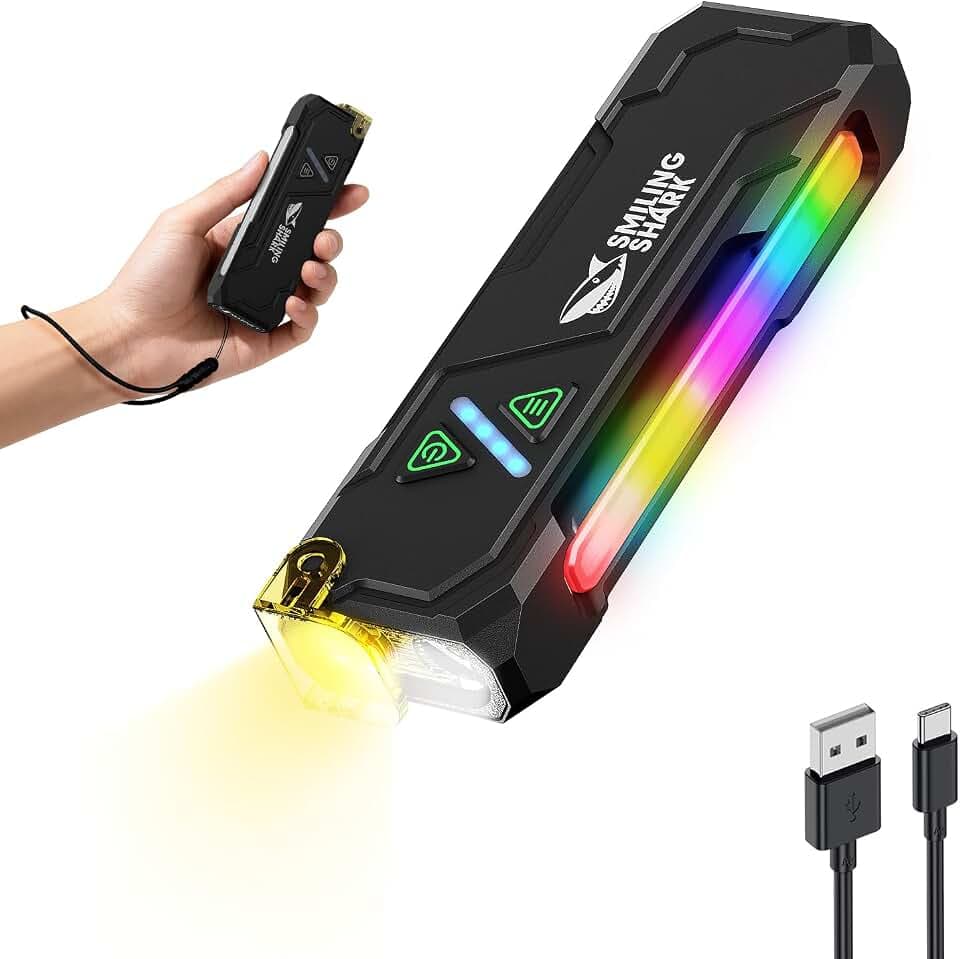 Smiling Shark ML01 Taschenlampe, Wiederaufladbare LED Flashlight mit Magnetbasis Weißes & Gelbes & Violettes Licht mit RGB, Kompaktes Clip-Design USB-Aufladung für Camping Wandern Notfall (Schwarz)