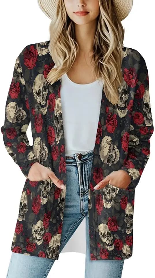 Gothic Skull Women Cardigan Sweaters Casual Open Front Cardigans Soft Draped Long Sleeve Jackets Dusters V-Neck Tops