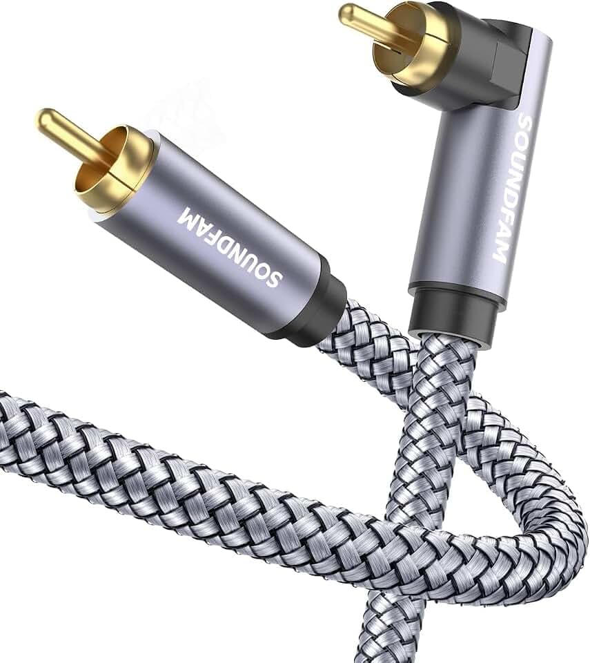 Subwoofer Cinch Kabel 3m, 90° Cinch-Stecker, 75 Ohm, 24K vergoldet | Platzsparendes Design hinter Geräten, Geflochtener Mantel, Doppelte Abschirmung, Robustes Aluminiumgehäuse
