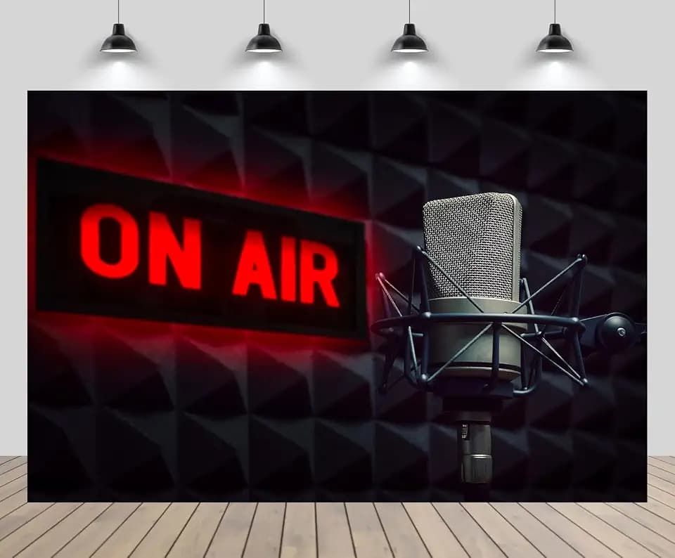 9x6ft Professional Microphone Backdrop Radio Station Studio On Air Sign TV Show Newscaster Studio Background Reporter Interview Stage Video Recording Decor Photo Booth Studio Props