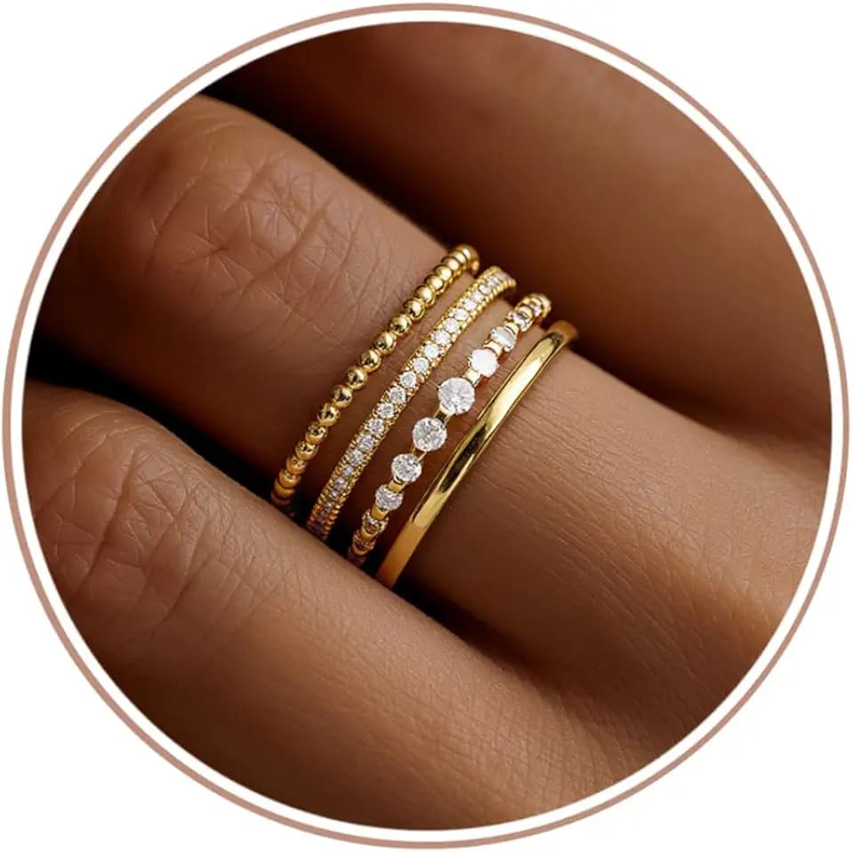 Florideco 14K Gold Plated Stackable Rings for Women Non Tarnish Dainty Cubic Zirconia Thumb Ring Set Silver Plated Stacking Set Statement Promise Band Ring Sets