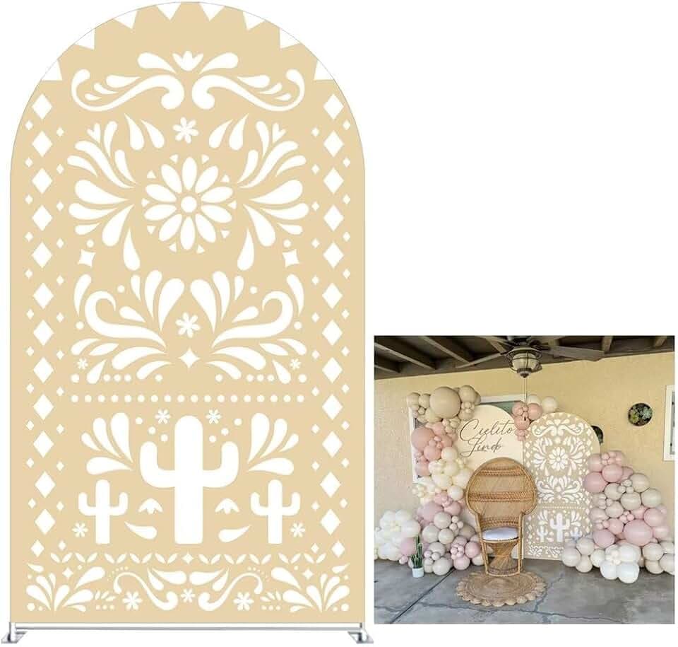 Beige Yellow Arch Backdrop for Baby Shower Mexican Talavera Wedding Party Stretchy Arch Stand Cover Baptismx Birthday Decoration Props(Only Cover)