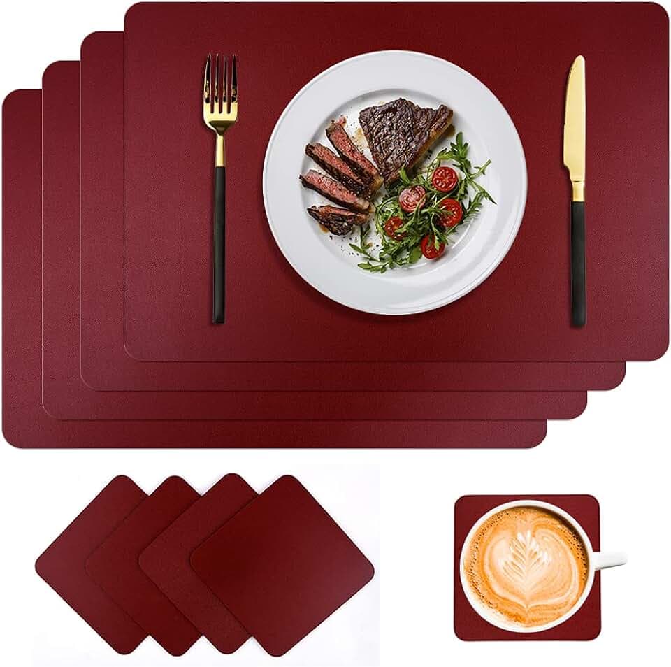 Platzsets Abwaschbar 4er Set, 45x30cm Abwischbar Lederoptik Platzset und Untersetzer, Wein Rot Wasserdicht Tischsets Abwaschbar, Platzdeckchen Tischset für Hause Küche Restaurant und Hotel