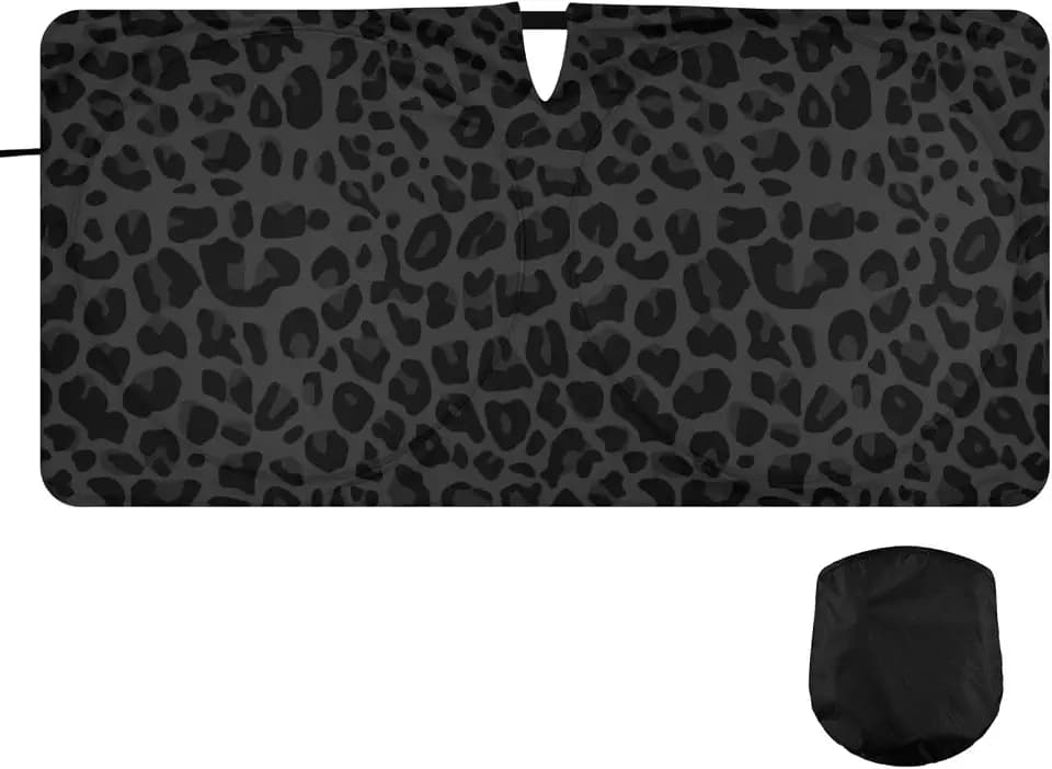 Black Leopard Windshield Sun Shade, Cheetah Car Sunshade for Auto Truck SUV, Animal Skin Print Sun Shield that Keeps Your Vehicle Cool, Foldable, Storage Bag (62 x 32 in)
