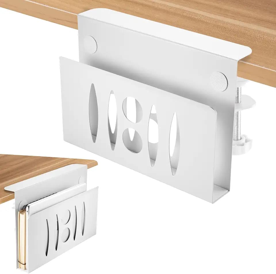 Desk Side Storage, Under Steel Hanging Organizer, No Drill Cable Management Tray, Laptop Holder, with Pen Storage for Office and Home White