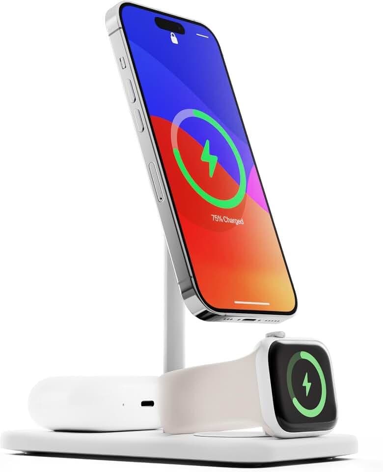 Twelve South HiRise 3 Deluxe-Twelve South 3-in-1 MagSafe + Qi2 Ladeständer für iPhone, Uhr und AirPods, Weiß