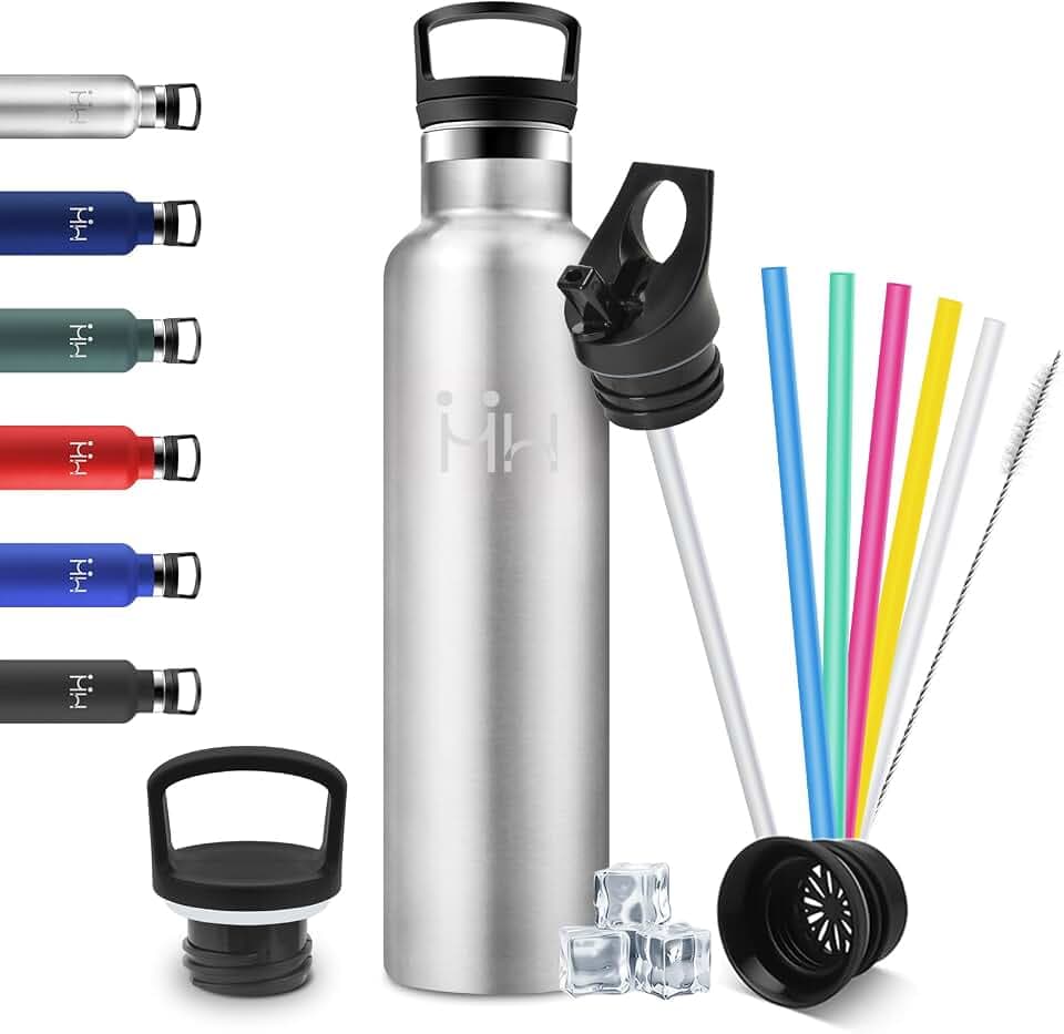 Trinkflasche 1L, Auslaufsichere Thermoskanne mit Strohhalm, Kohlensäure Geeignet, Wasserflasche für Camping, Sprudel, Yoga