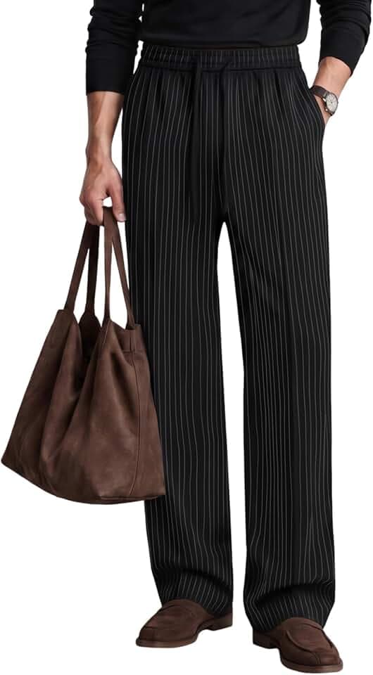 Susclude Mens Pinstripe Casual Pants Old Money Baggy Pleated Drawstring Wide Leg Trousers Work Relaxed Fit Slacks with Pocket